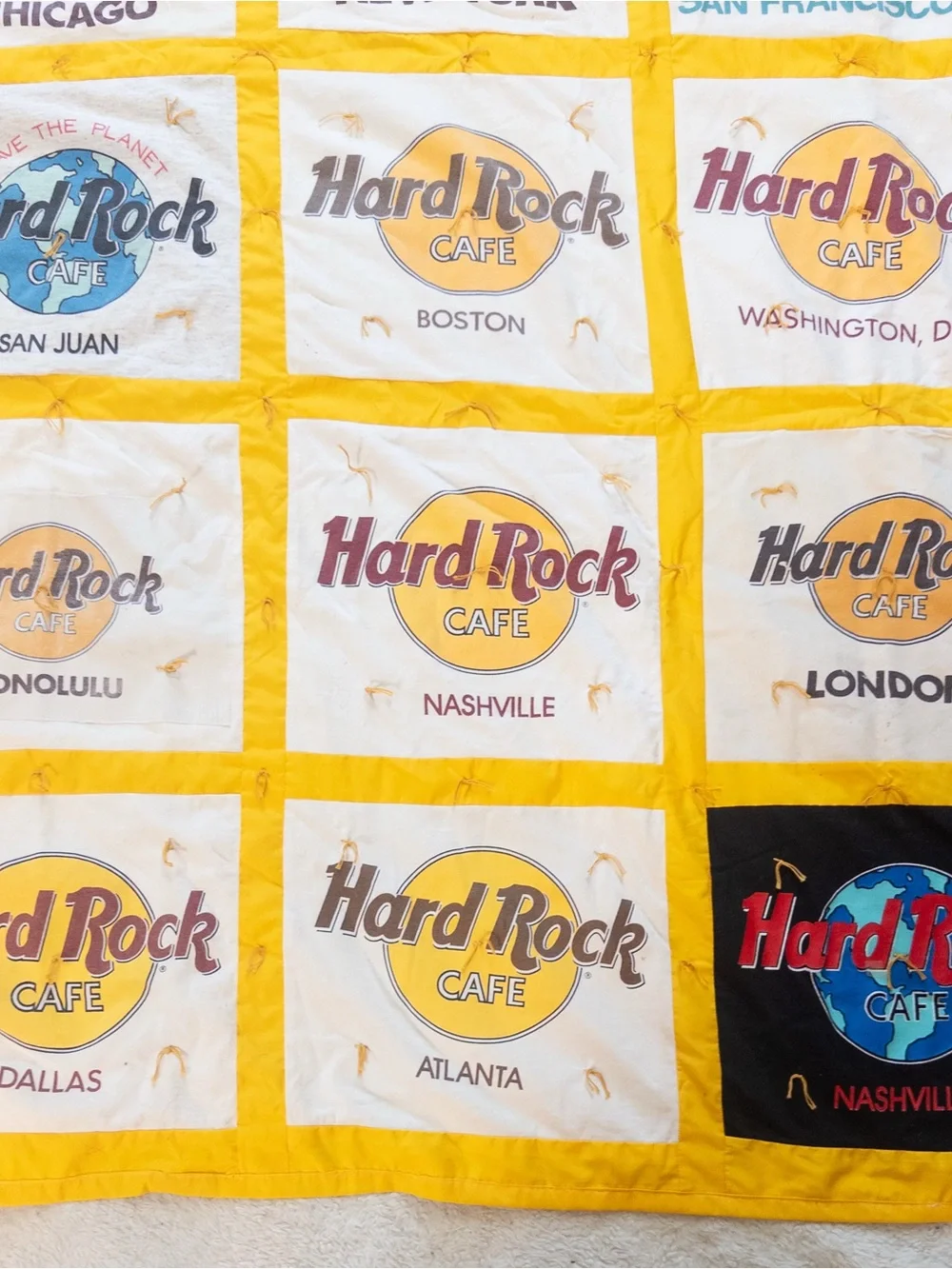 Handmade Hard Rock Cafe T-Shirt Quilt Wall Hanging 52”x67” Travel Souvenir